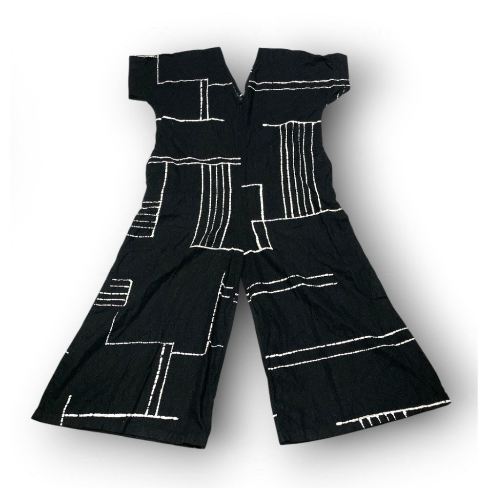 BEL KAZAN Womens Linen Jumpsuit Large L Black White Geometric Abstract Wide Leg⁠